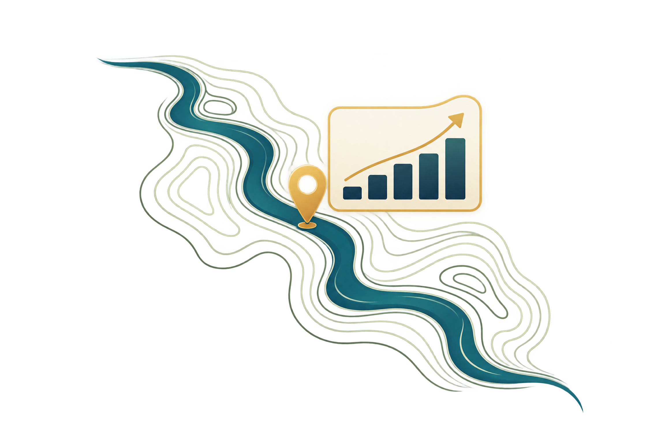 Abstract map contours, a location marker, and a rising search-visibility chart